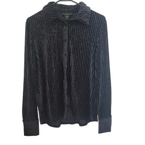 House of Harlow Black Velvet Striped Button Up Long Sleeve Metallic Sheer Small